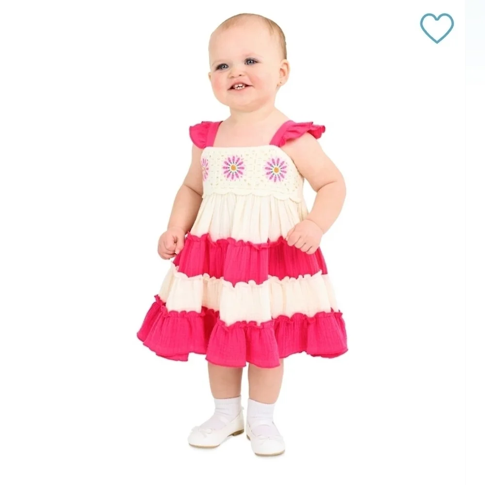 Rare Editions Pink and Cream Kids Casual Dress - Picture 1 of 11